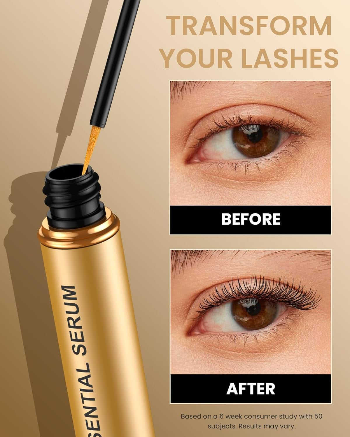 Natural Cosmetic Eyelash Serum for Longer, Thicker Lashes & Brows, Boost Lash Serum Vegan & Cruelty-Free - Niacinamide, Centella Asiatica Leaf Extract (15 Ml Gold)