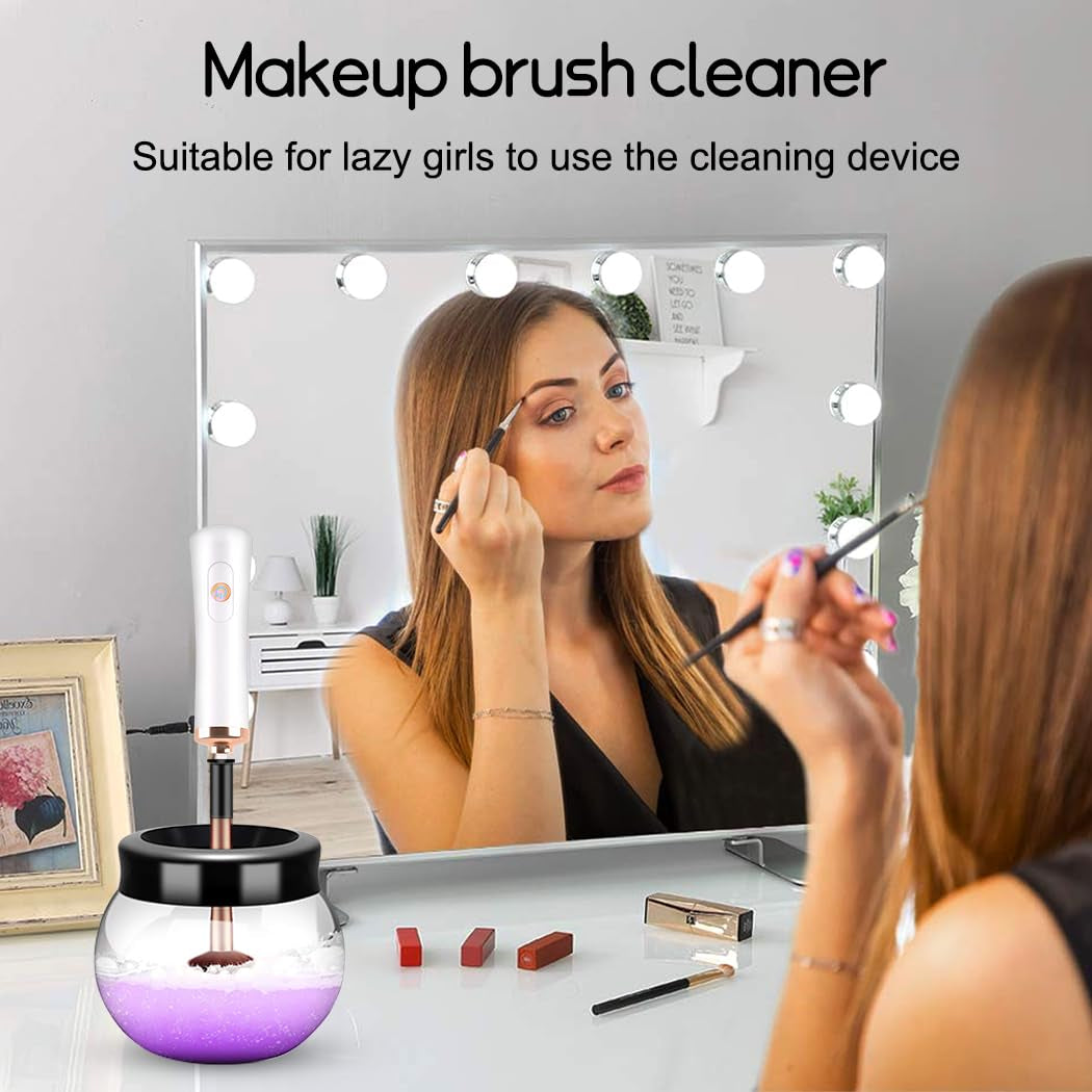 Makeup Brush Cleaner,Electric Makeup Brush Cleaner Machine with 8 Rubber Collars,Deep Cosmetic Automatic Brush Spinner for All Brushes,Wash and Dry in Seconds (White)