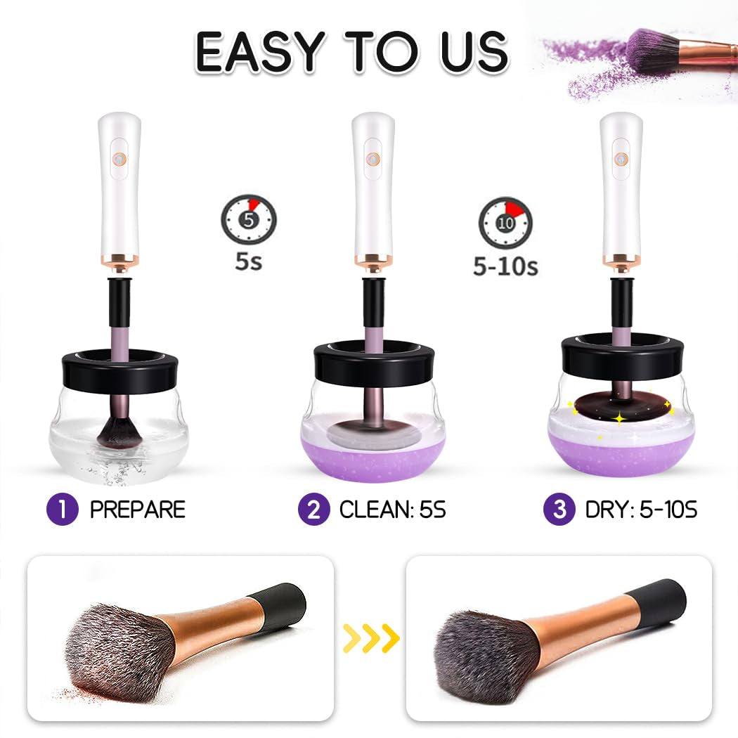 Makeup Brush Cleaner,Electric Makeup Brush Cleaner Machine with 8 Rubber Collars,Deep Cosmetic Automatic Brush Spinner for All Brushes,Wash and Dry in Seconds (White)