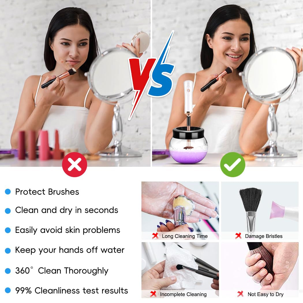 Makeup Brush Cleaner,Electric Makeup Brush Cleaner Machine with 8 Rubber Collars,Deep Cosmetic Automatic Brush Spinner for All Brushes,Wash and Dry in Seconds (White)
