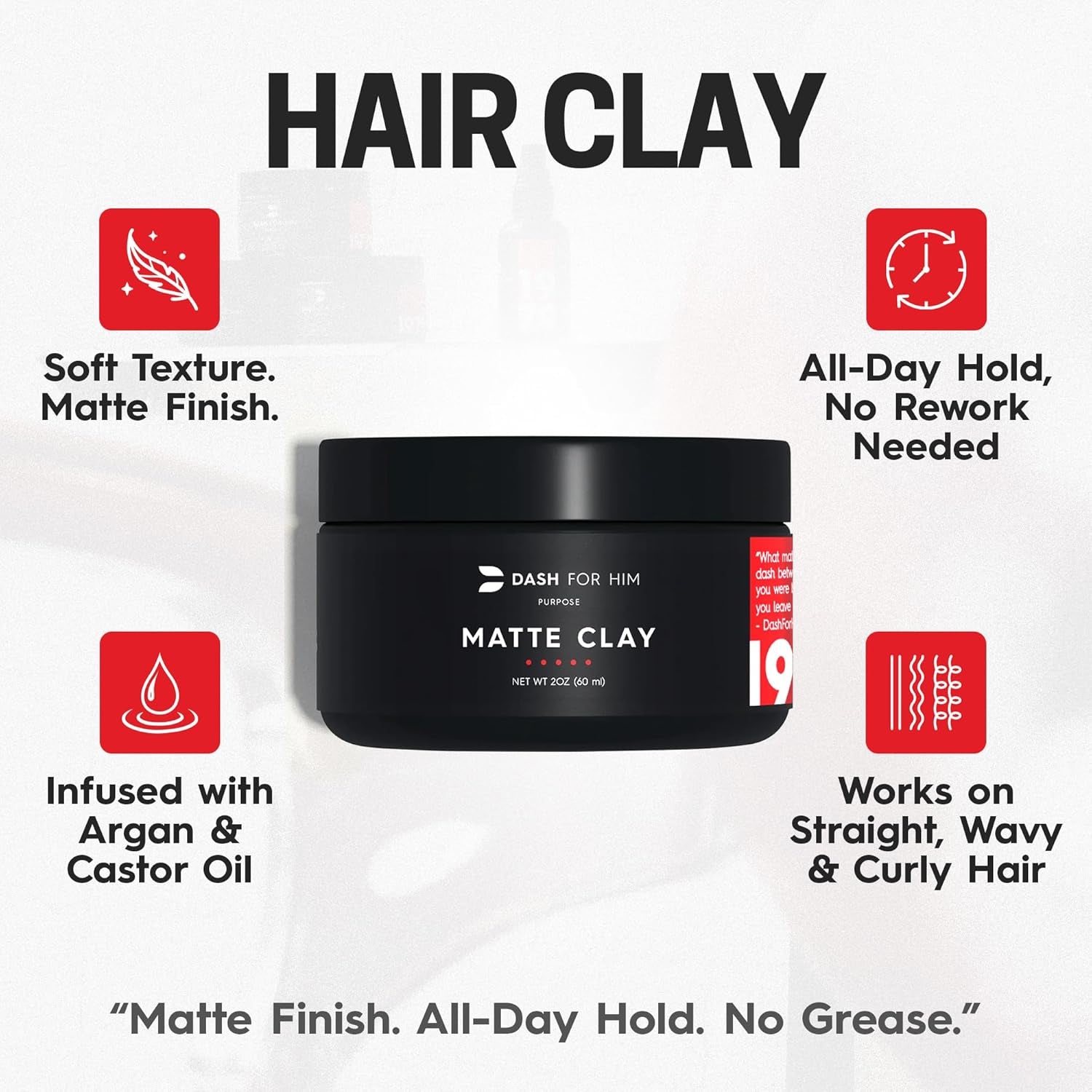 Hair Clay for Men – Matte Finish | Medium Hold, Adds Volume & Texture | Clean Ingredients, Non-Greasy & Easy to Wash Out | Barber-Grade Men’S Styling Clay | Made in the USA – 2Oz